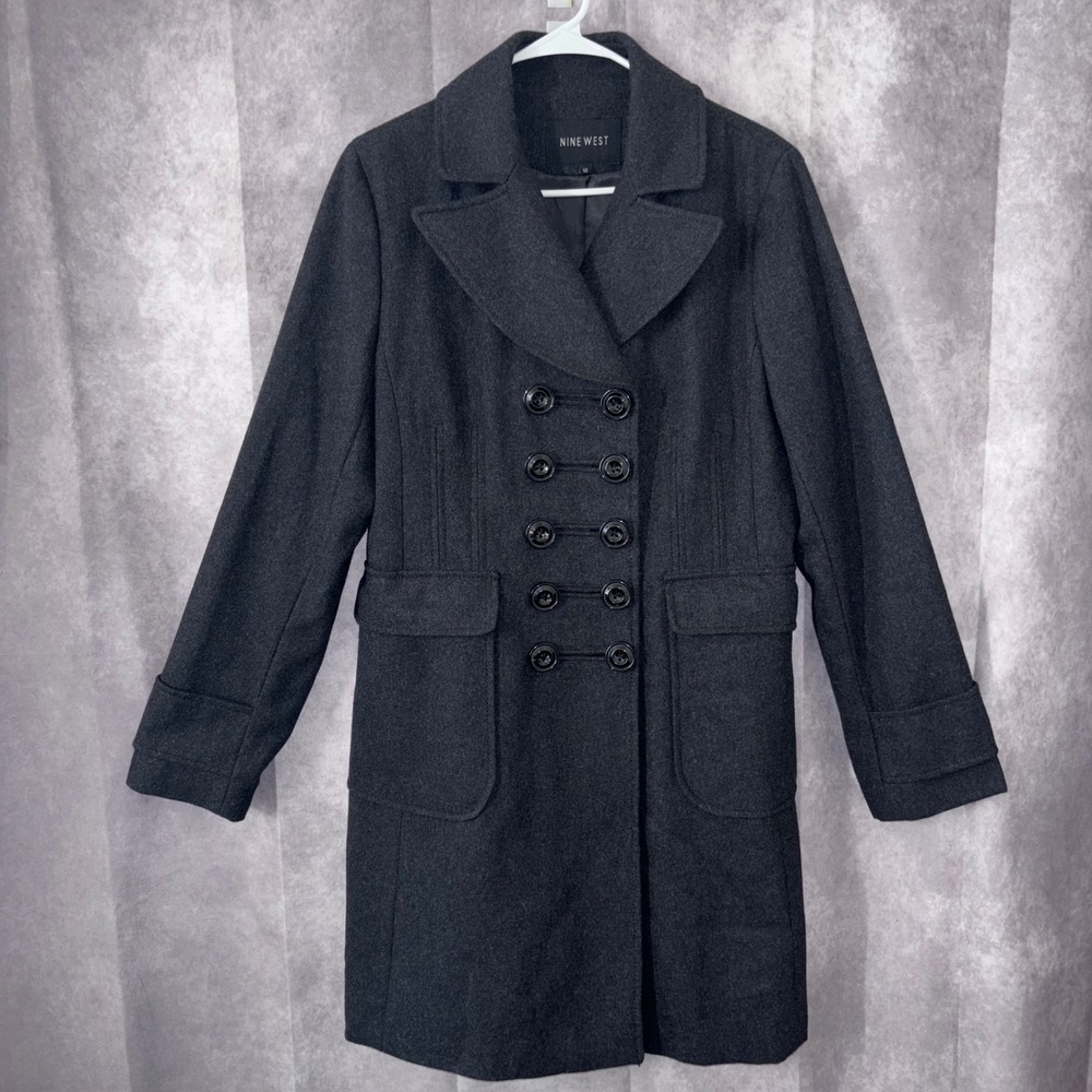 Nine West Wool Blend Tailored Pea Coat Womens Size 12 Charcoal Gray